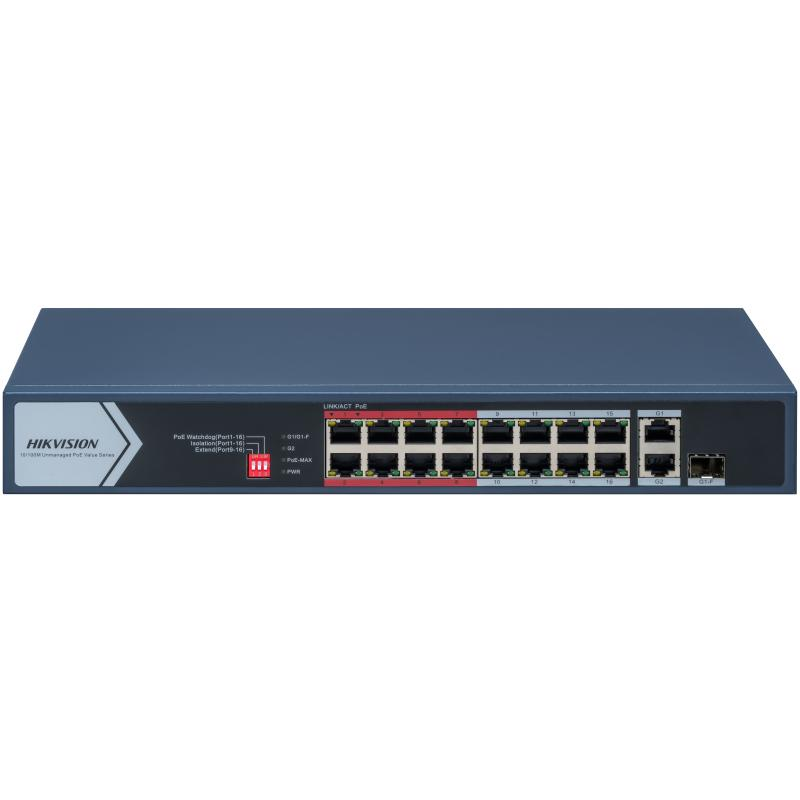 Switch poe hikvision ds-3e0318p-e/m(c): 16 × 10/100 mbps poe port1× gigabit rj45 port1 × gigabit