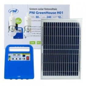 Pni sistem solar fotovoltaic h01 greenhouse h01 30w cu acumulator 12v/7ah usb/radio/mp3 2 becuri led