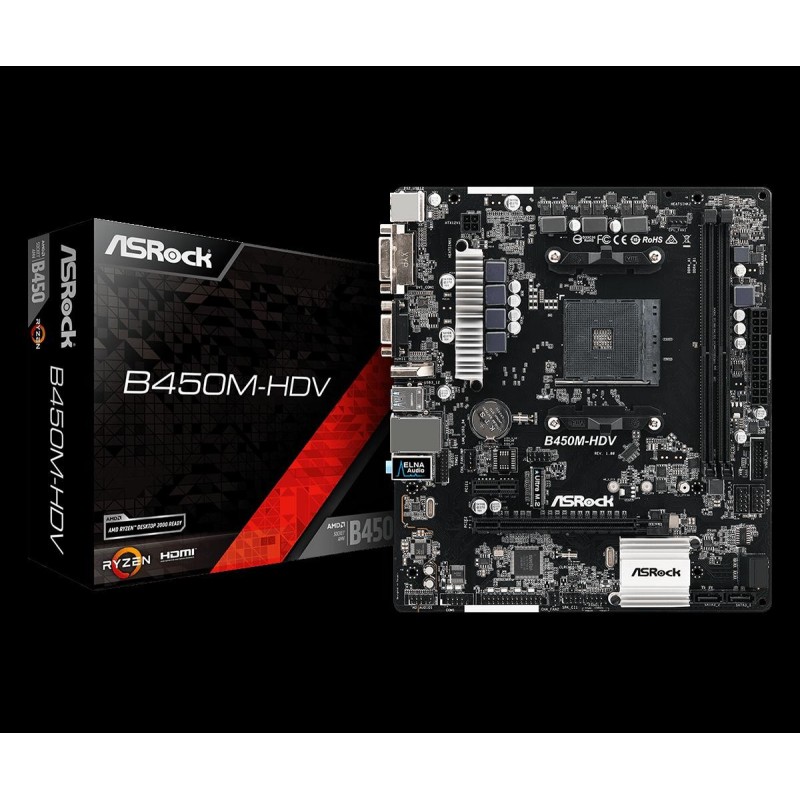 Placa de baza asrock amd b450m-hdv b450m-hdv 2* dimm max. 32gbddr4 3200+(oc)/2933(oc)/2667/2400/2133 ecc & non-ecc