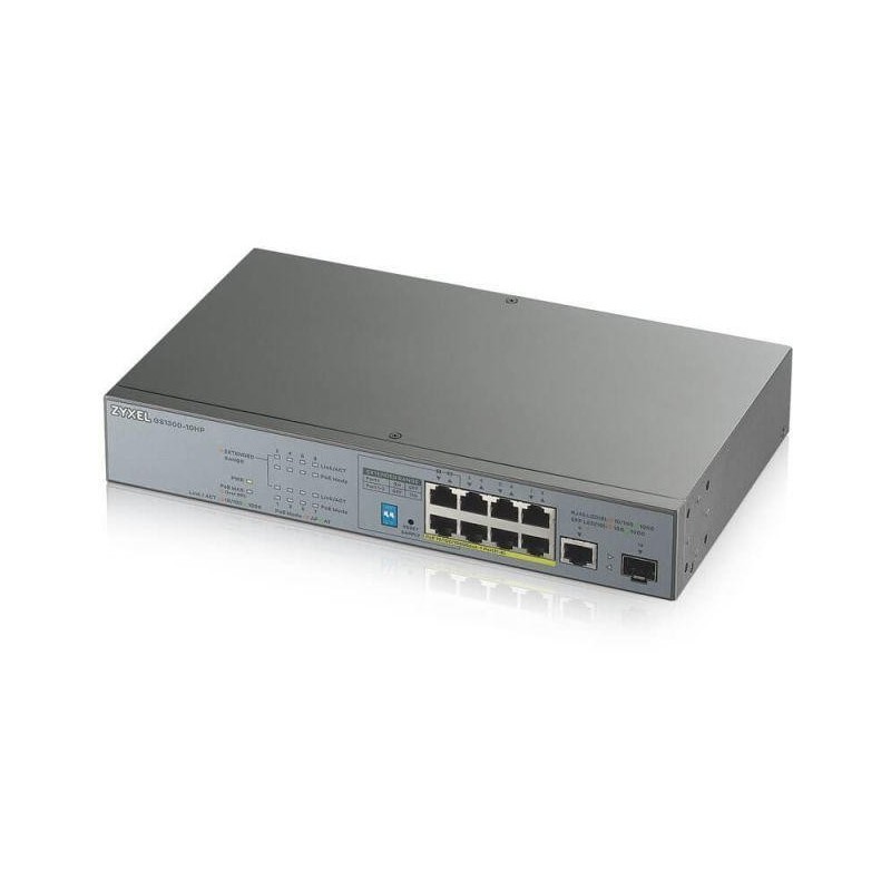 Zyxel gs1300-10hp-eu0101 10-port switch 9x 100/1000 mbps (8x poe) 802.3at 1x gigabit sfp unmanaged.