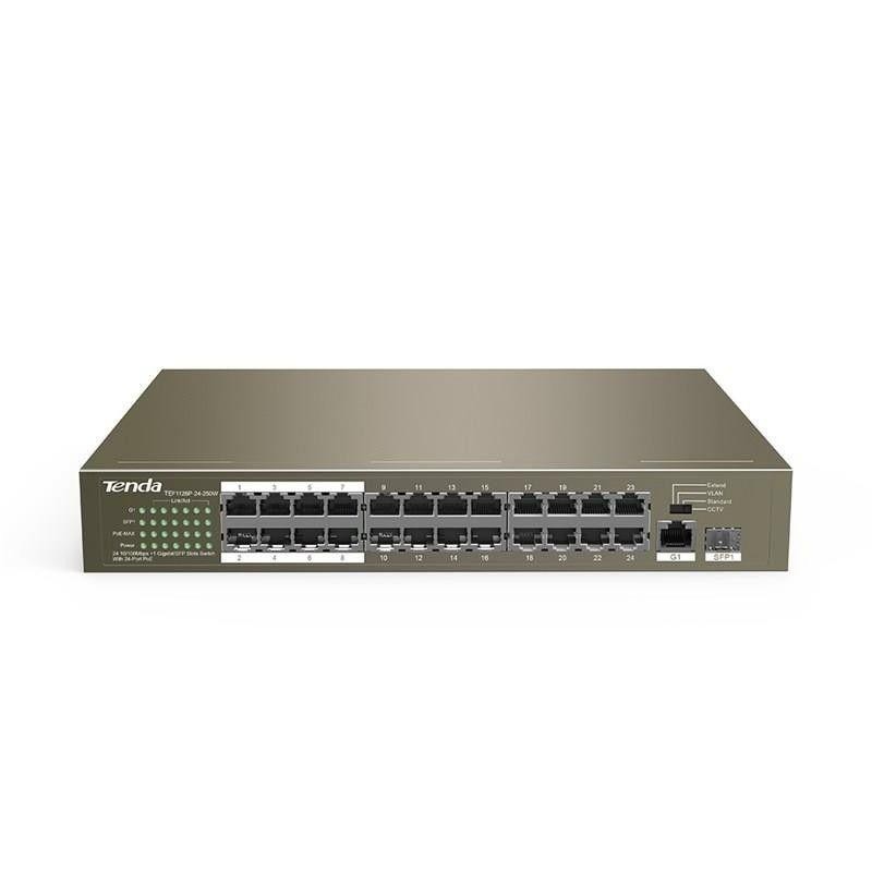 Tenda switch tef1126p-24-250w 24-port 10/100mbps + 1ge/sfp 24 10/100base-tx ports(data/power)1 10/100/1000base-t port(data) 1 10