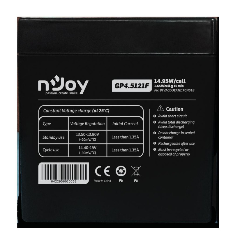 Acumulator njoy gp4.5121f 12v  capacitate 1495w/cell evaluat la 1.65v/cell @ 15 min  tensiune 12v  tip