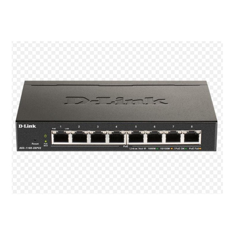 D-link switch dgs-1100-08v2 8 porturi gigabit capacity 16gbps 8k mac desktop easy smart fanless metal