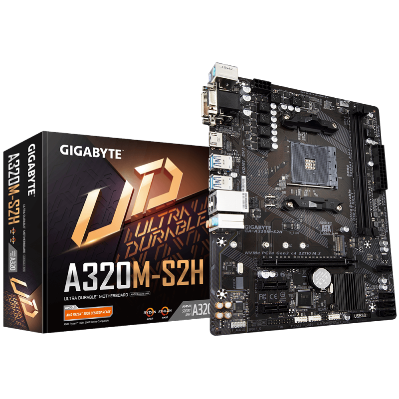 Placa de baza gigabyte socket am4 a320m-s2h 3.0  cpu am4 socket: supports amd 3rd gen