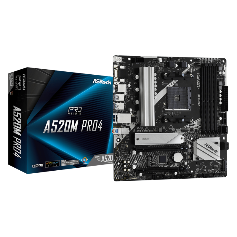 Placa de baza asrock a520m pro4 am4  supports amd am4 socket ryzen™ 3000 4000 g-series