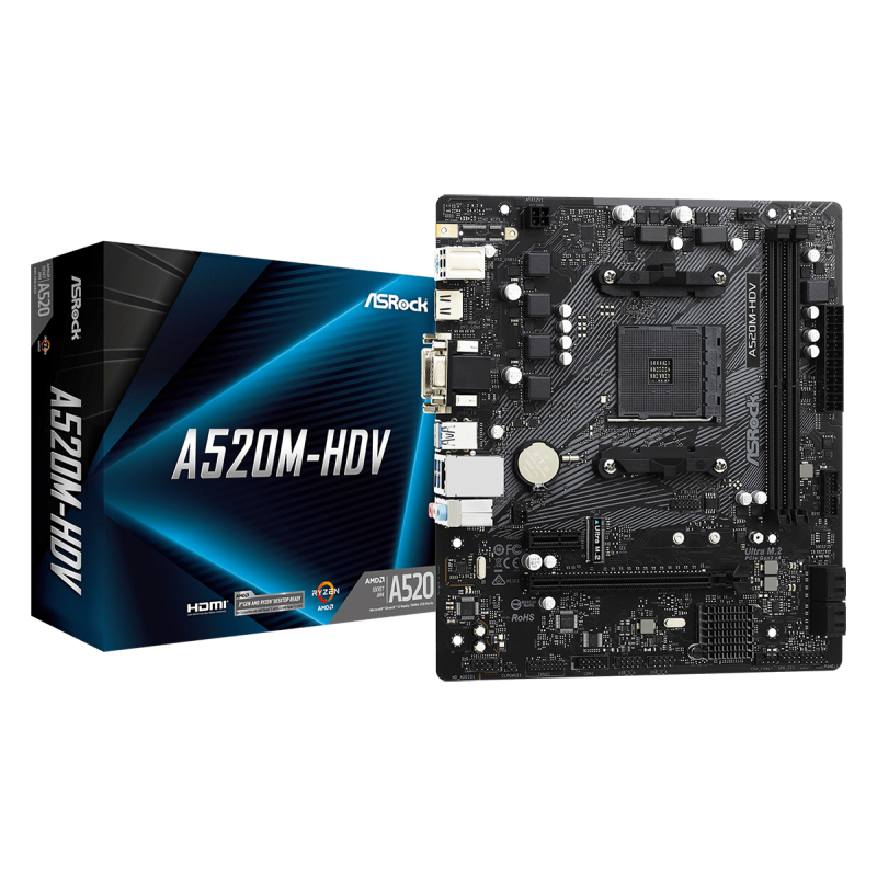 Placa de baza asrock a520m-hdv am4  supports amd am4 socket ryzen™ 3000 4000 g-series and