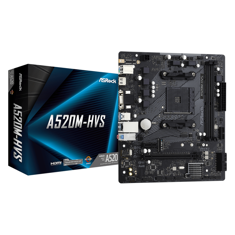 Placa de baza asrock a520m-hvs am4  supports amd am4 socket ryzen™ 3000 4000 g-series and