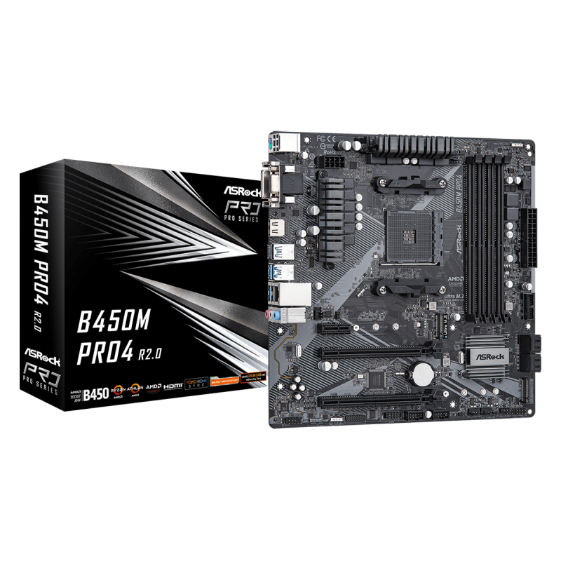 Placa de baza asrock b450m pro4 r2.0 am4  supports amd am4 socket ryzen™ 2000 3000