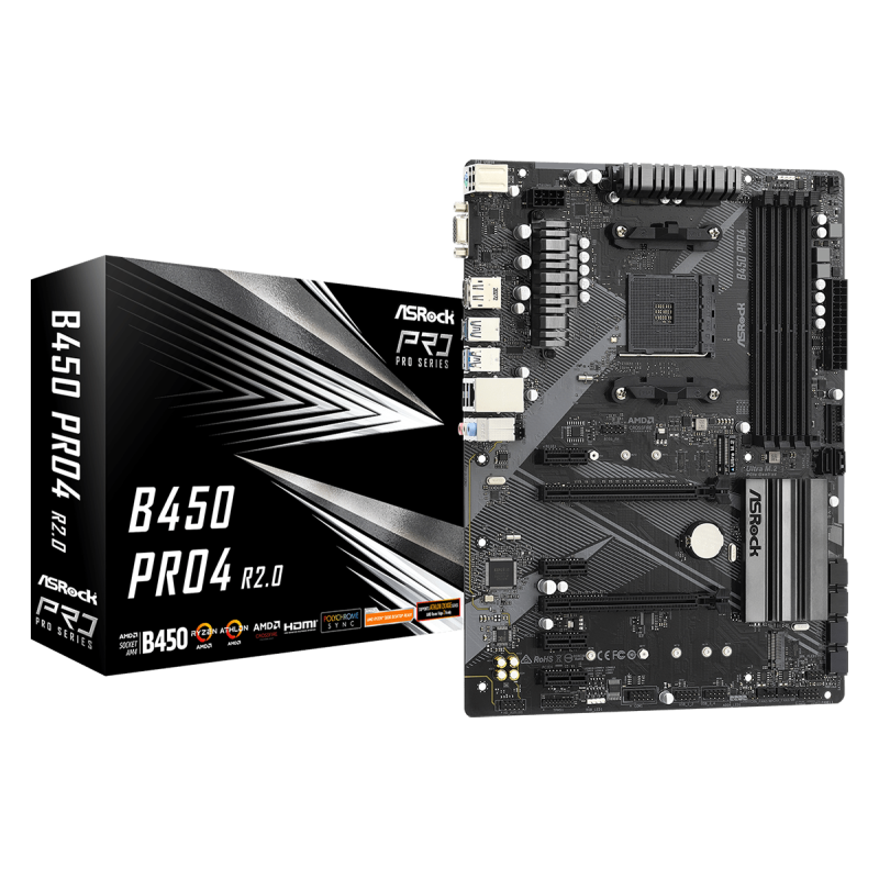 Placa de baza asrock b450 pro4 r2.0 am4  supports amd am4 socket ryzen™ 2000 3000