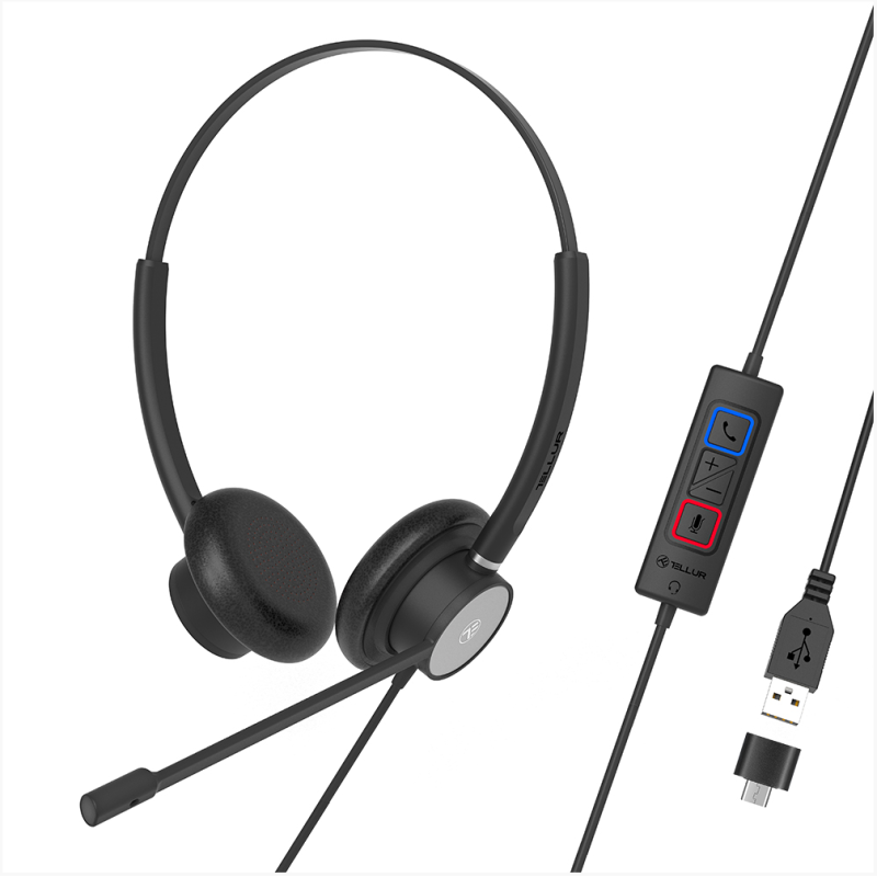 Casti cu fir call center tellur voice 320 binaural usb negru