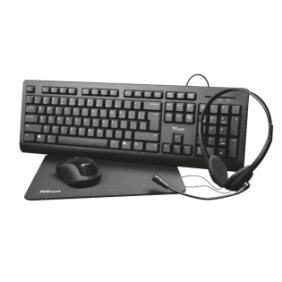 Kit office trust primo 4-in-1 contine tastatura mouse wireless casti si mouse pad negru