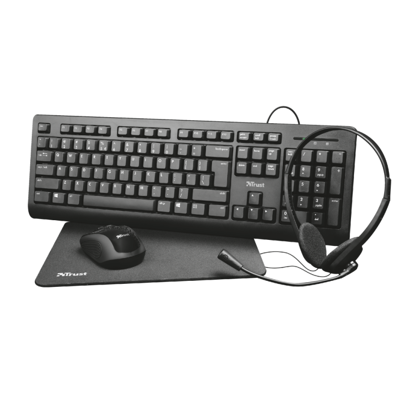 Kit office trust primo 4-in-1 contine tastatura mouse wireless casti si mouse pad negru