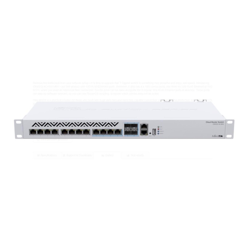 Mikrotik switch crs312-4c+8xg-rm procesor: 650 mhz sistem operare: routeros / switchos 64mb ram 16mb flash