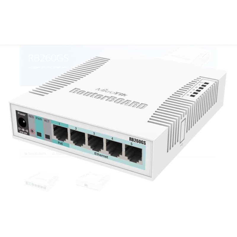 Mikrotik small soho switch rb260gs css106-1g-1s 5 x gigabit dimensiuni: 113x139x28mm sistem operare: mikrotik swos