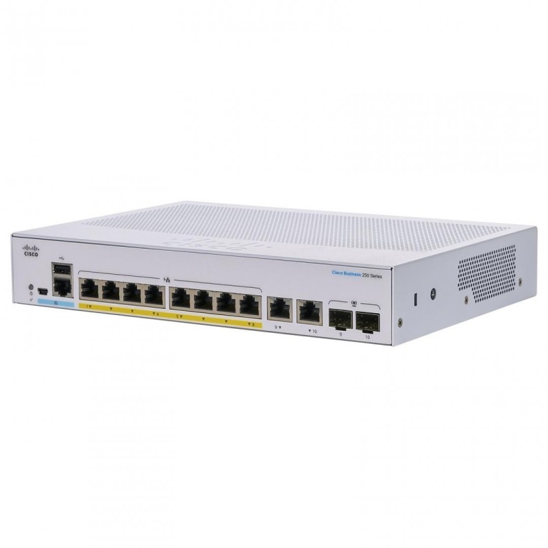 Switch  cisco cbs250-8p-e-2g 8 porturi 10/100/1000 2 x sfp poe 60w buffer: 1.5 mb flash