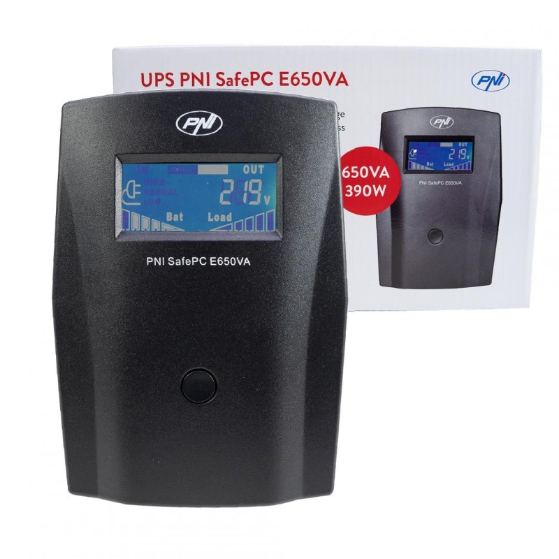 Ups pni safepc e650va putere 390w 1.8a iesire 2 x 230v ecran lcd acumulator 7.2a