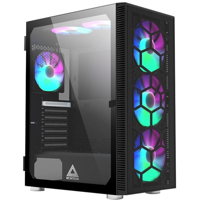 Carcasa montech x3 glass mid-tower rgb tempered glass negru preinstalled fans 3x 120 mm 3x