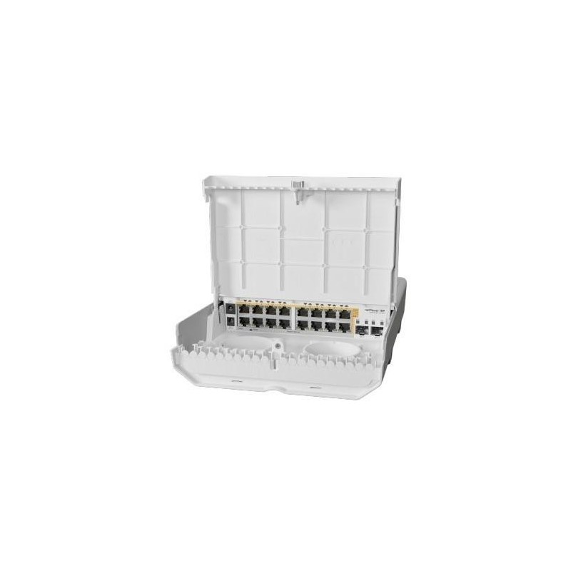 Mikrotik outdoor switch crs318-16p-2s+out 16 x 10/100/1000 2 x sfp+ procesor: 800mhz 256 mb ram