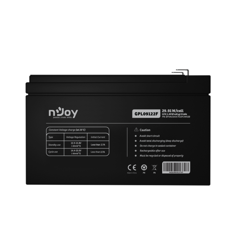 Acumulator njoy gpl09122f 12v 30.55w/cell capacitate 30.55w/cell evaluat la 165v/cell@15 min tensiune 12v tip vrla