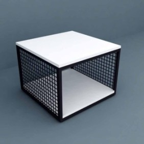 Masuta de cafea kute 
dimensiuni: 60x60x45 cm
material : mdf furniruit alb si metal.