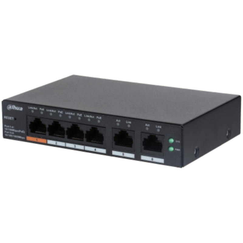 Dahua 6 port managed desktop switch cs4006-4et-60 interfata: port 1-4: 4 × rj-45 10/100 mbps