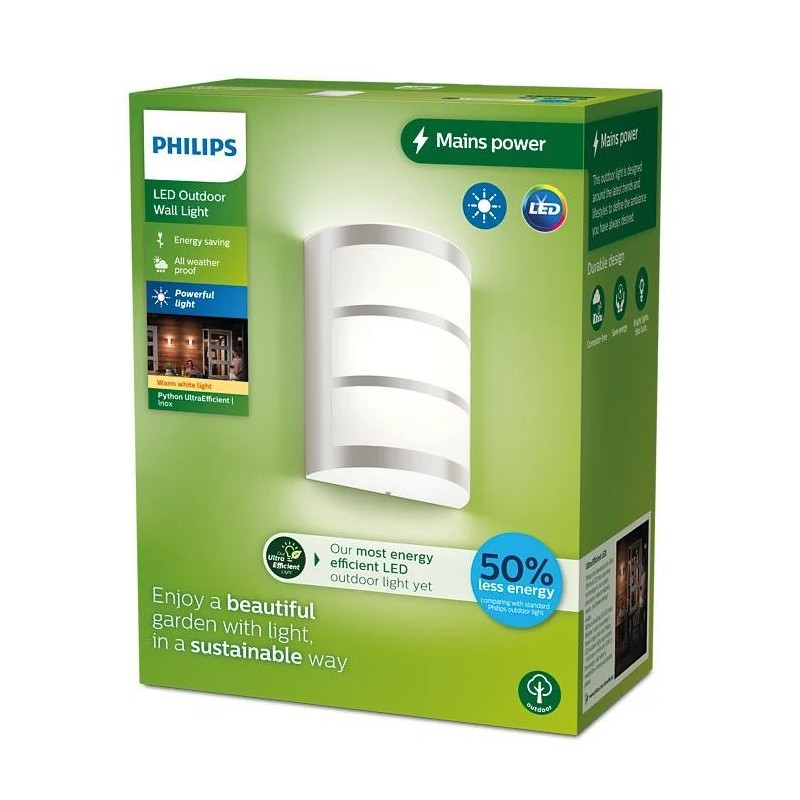 Aplica led pentru exterior philips python 3.8w 800 lm lumina calda (2700k) ip44 215x171x84mm inox