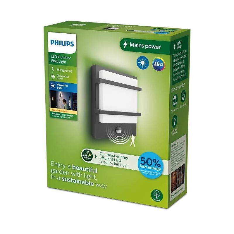 Aplica led pentru exterior cu senzor de miscare philips petronia 3.8w 800 lm lumina calda