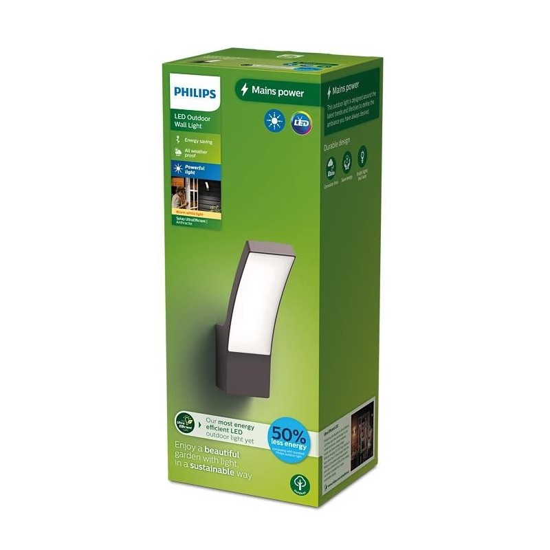 Aplica led pentru exterior philips splay 3.8w 800 lm lumina calda (2700k) ip44 240x160x80mm antracit