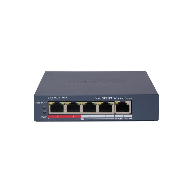 Switch poe hikvision ds-3e1105p-ei/m: 4 × 10/100 mbps poe port1 × 10/100 mbps rj45 port