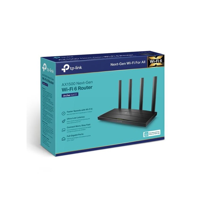 Tp-link router gigabit dual-band wi-fi 6 ax1500 archer ax17 standarde wireless: ieee 802.11ax/ac/n/a 5 ghz