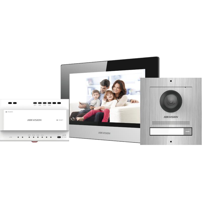 Kit videointercom ip hikvision ds-kis702/s contine: ds-kd8003- ime2/surface ×1 ds-kh6320-wte2 ×1 ds-kad704 ×1 ds-kaw30-2n ×1