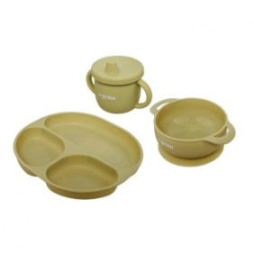 Set 3 piese silicon : bol  farfurie si cana cu cioc anti-scurgere olive