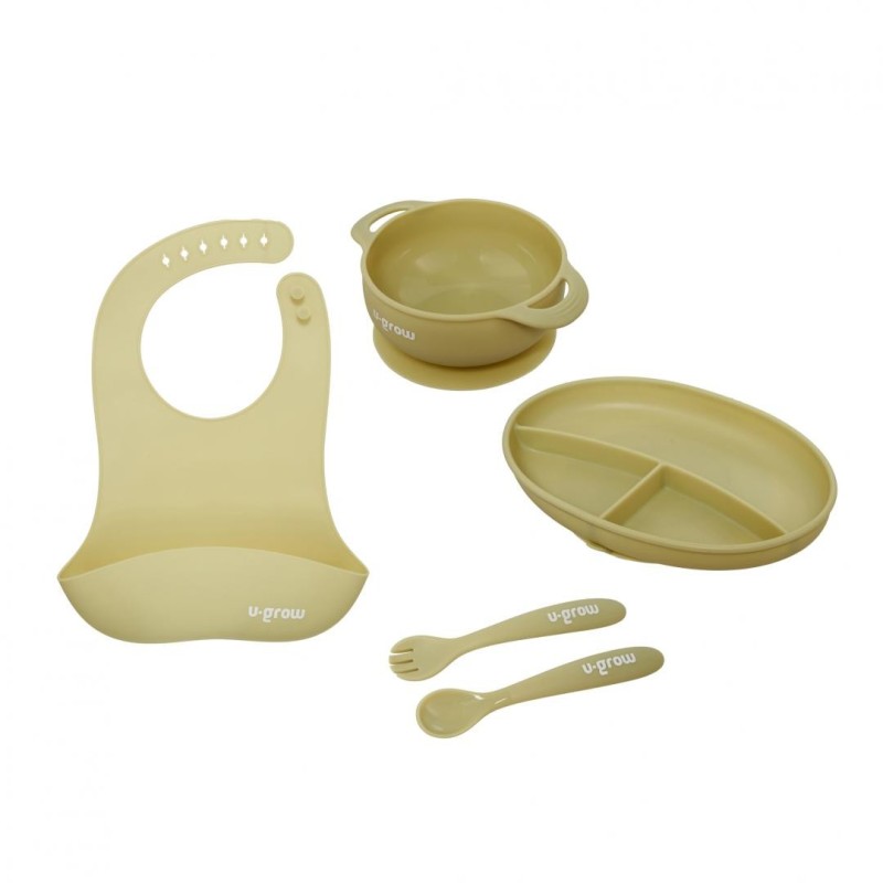 Set diversificare 4 piese silicon : baveta bol farfurie tacamuri olive