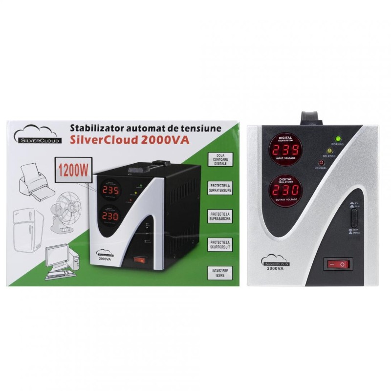 Stabilizator de tensiune silvercloud 2000va 1200w 9.1a capacitate: 1200w/2000va curent:  9.1a iesire:2 x priza schuko