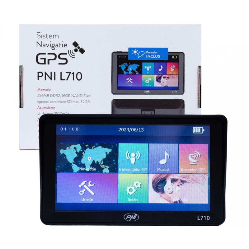 Sistem de navigatie gps pni l710 cu parasolar 7 inch 800 mhz 256mb ddr 16gb