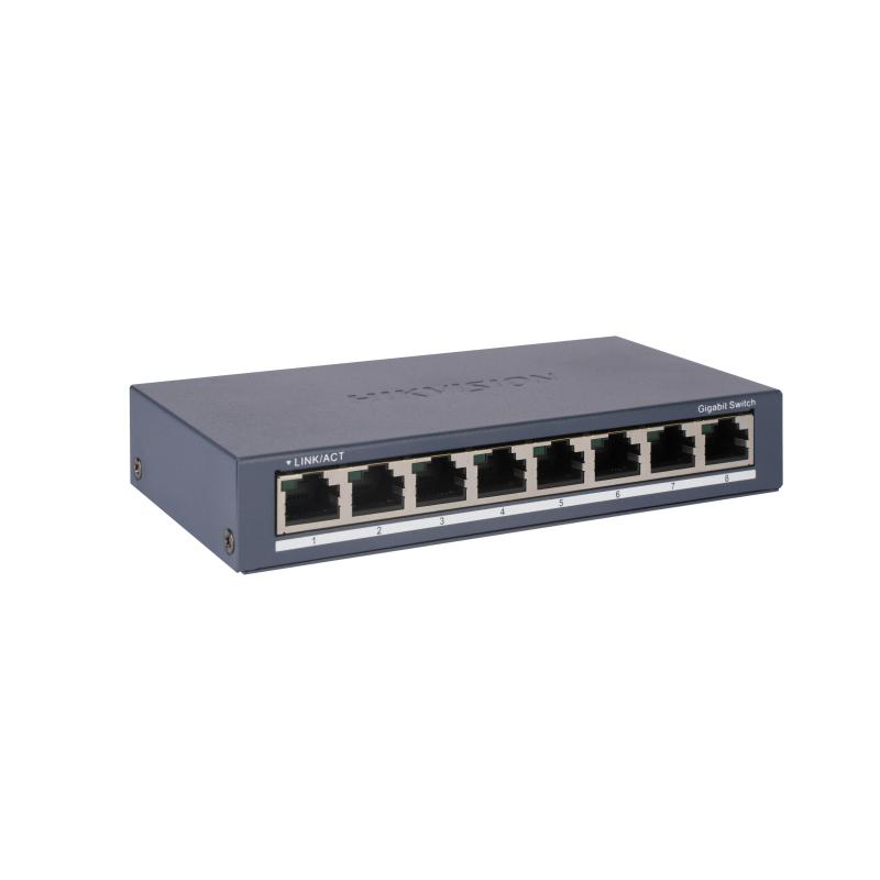 Switch hikvision ds-3e0508-o: 8 × gigabit rj45 port maxim 3w tensiune alimentare: 5vdc 0.6a dimensiuni: