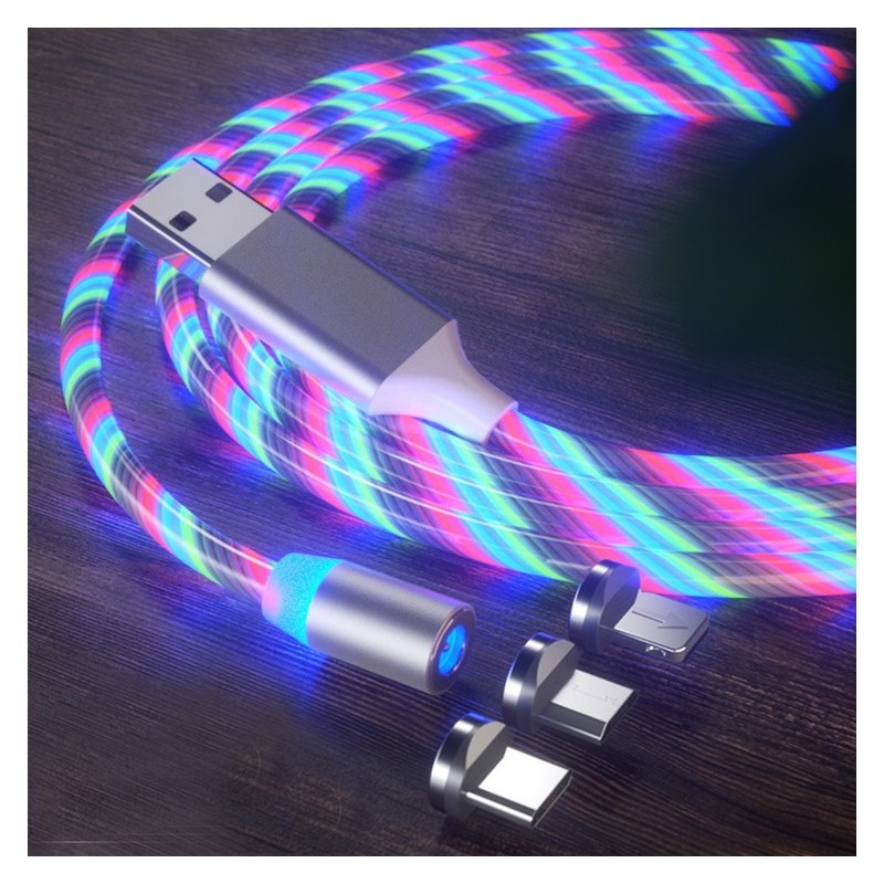 Cablu de Incarcare Magnetic USB la Type-C, Micro-USB, Lightning 1m - Techsuit LED Flowing - White